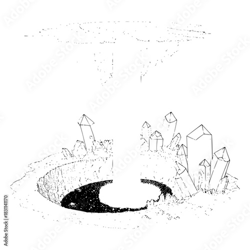 Illustration of a mysterious pit surrounded by crystals with a light beam emanating from it