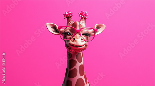 A giraffe wearing eyeglasses stands against a simple, plain background, creating a charming and whimsical scene.