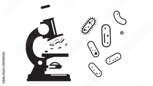 Microscope and scattered bacteria illustrating microbiology research and scientific investigation in a laboratory setting.
