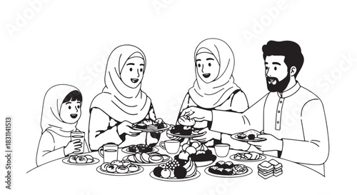 Family of four sharing a traditional meal at the table in a line drawing illustration.