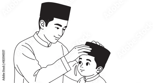 Grandfather blessing a child with a hand on the head in a traditional scene.