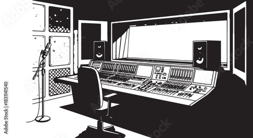 Black and white illustration of a professional studio control room with mixing console and microphone.