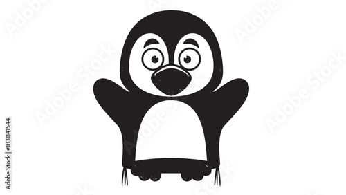 Charming cartoon penguin with outstretched wings in a bold black and white illustration.