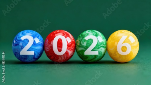 Colorful Marbled Balls Displaying the Year 2026 with Bright and Vibrant Colors Against a Solid Green Background