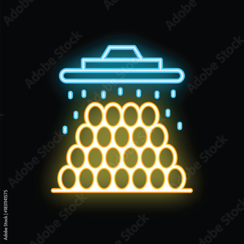 Neon sign representing a sprinkler system watering a pile of round hay bales on a farm at night