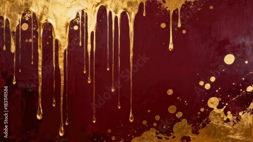 A Bold Artistic Expression of Gold Drips and Splatters on a Deep Red Background Creating an Eye-Catching Visual Impact