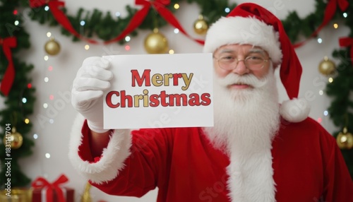 Jolly Santa Claus Holding a Merry Christmas Sign Surrounded by Festive Decorations and Holiday Cheer With Bright Lights and Ornaments