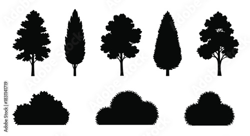 Various silhouettes of trees and shrubs in a simple black design