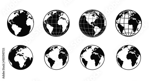 Collection of monochrome world globes in various styles and perspectives