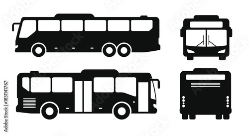 Black and white bus illustrations showing different views and angles