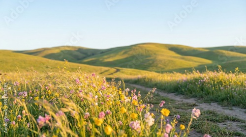 Vibrant Wildflower Meadow Under Clear Skies Showcasing Rolling Green Hills and Serene Natural Beauty in a Picturesque Evening Landscape