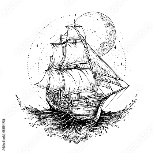 Detailed line art of a sailing ship on stormy seas under a moonlit starry sky illustration style drawing