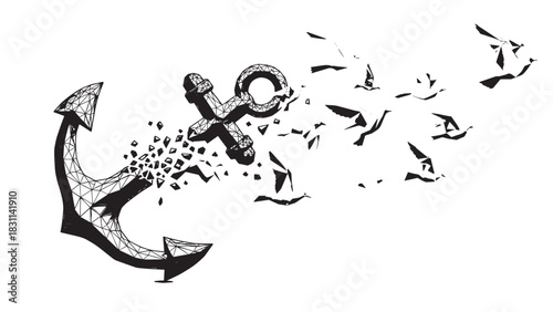 Stylized black anchor dissolving into scattered birds creating dynamic maritime motion.