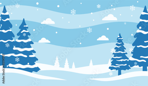 Winter Wonderland Scene Snowy Landscape Pine Trees Snowflakes Clouds Festive Season Holiday Background Blue and White