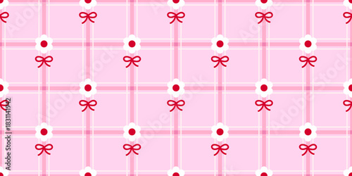 Pink plaid, gingham seamless pattern with white daisy flowers and red bows for decorative fabric or textile design. Vector illustration 