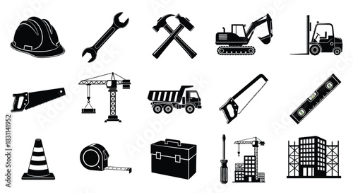 Construction tools and machinery icons a black and white illustration set