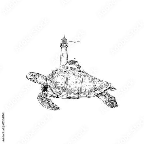 A whimsical drawing of a turtle carrying a lighthouse and a house on its back in black and white