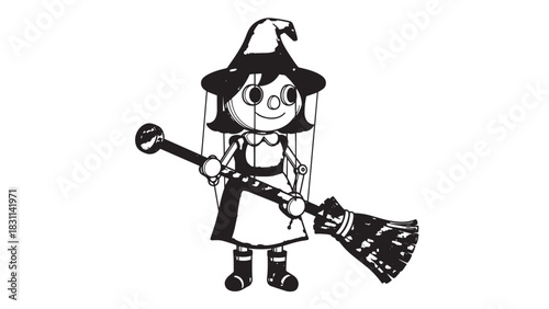 Whimsical witch scarecrow character holding a broom in a cute black and white illustration.