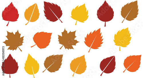 An assortment of vividly colored autumn leaves scattered on a white background