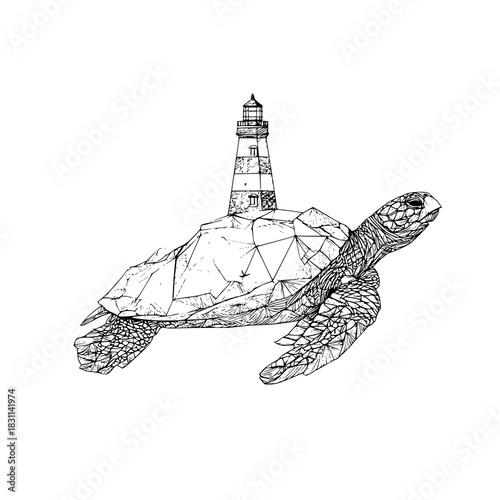 A detailed monochrome drawing of a turtle carrying a lighthouse on its geometric shell design