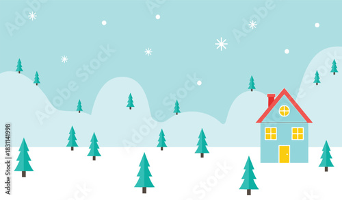 Winter wonderland Cozy house illustration with snowy landscape evergreen trees snowflakes and cheerful festive holiday