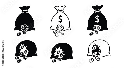 Black and white illustration of money bags with coins spilling out