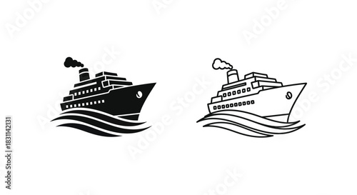 Two distinct ocean liner illustrations in black and white styles shown