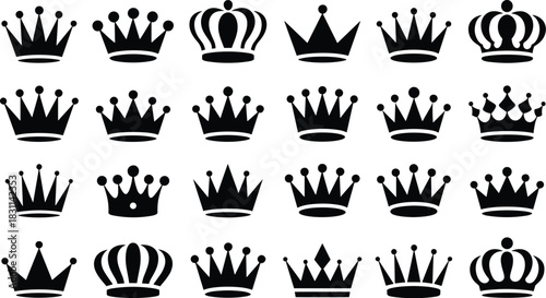 Mega Black Silhouette Crown and Tiara Vector Icon Set Featuring Various Regal Designs, Shapes, and Royal Monarchy Symbols for Awards and Branding.