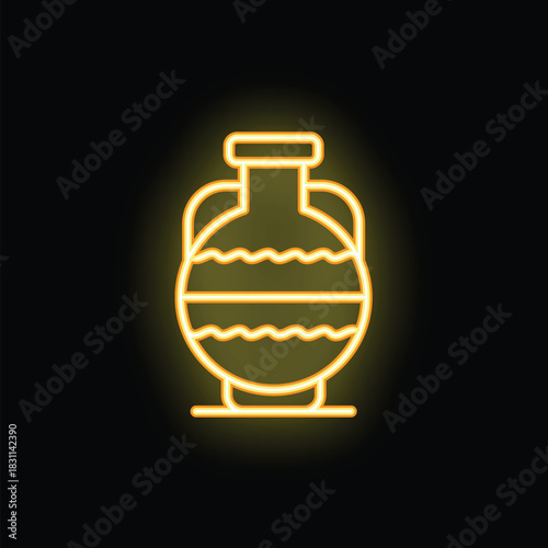 Bright yellow neon sign of an ancient greek amphora glowing on a black background