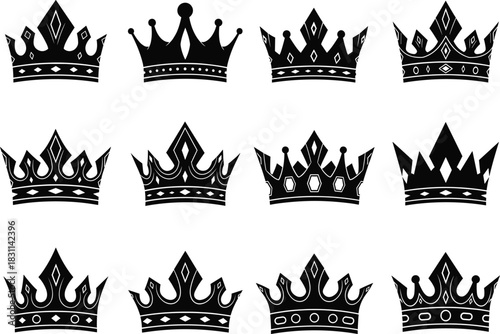 Mega Black Silhouette Crown and Tiara Vector Icon Set Featuring Various Regal Designs, Shapes, and Detailed Ornamentation for Royalty and Awards.