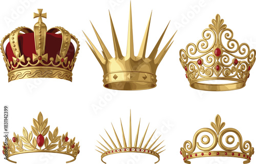 Realistic Golden Crown and Tiara Vector Set Featuring Detailed Royal Accessories with Red Velvet, Precious Jewels, and Ornate Filigree for Luxury and Royalty.