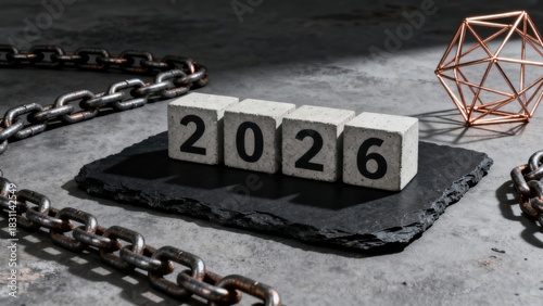 A 2026 Representation with Concrete Blocks, a Chain, and Geometric Shapes on a Dark Surface for Aesthetic and Artistic Purposes