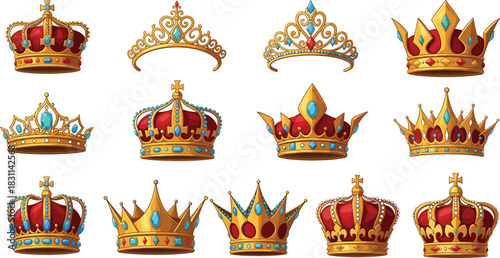 Mega Golden Crown and Tiara Vector Set Featuring Detailed Royal Accessories with Red Velvet, Blue Jewels, and Intricate Design for Royalty and Luxury.