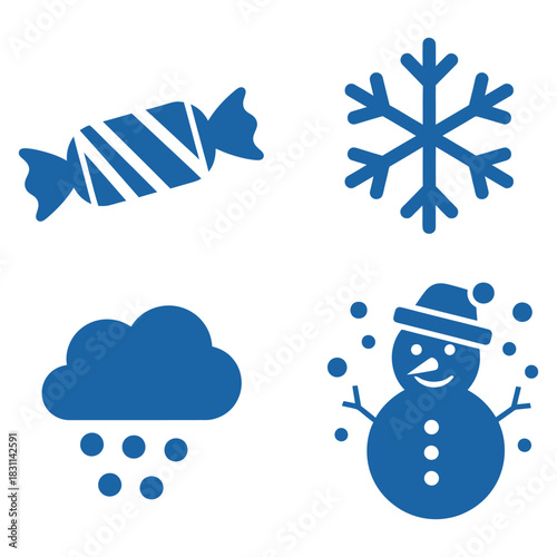 Festive Winter Holidays Fun Cliparts Snowflake Candy Snow Cloud Snowman icons for Web Design and Decoration Blue on