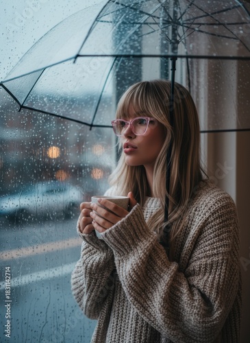 Contemplative Young Woman with Pink Glasses Holding a Mug While Gazing Out a Rainy Window Under an Umbrella, Capturing a Cozy, Reflective Moment