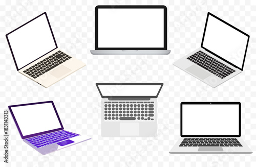 Laptop mockup set - realistic notebooks from multiple angles with blank white screens on transparent background