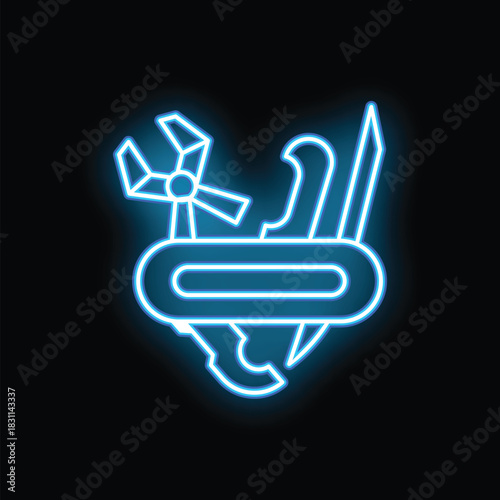 Glowing neon line multi tool knife icon isolated on black background. Colorful outline concept. Vector illustration