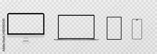 Multi-device mockup image featuring desktop monitor, laptop, tablet, and smartphone in a clean front view on transparent background.