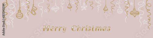 Hand drawn crayon scribble of gold and silver baubles, tinsel, streamers, stars and Merry Christmas lettering on soft pink background.