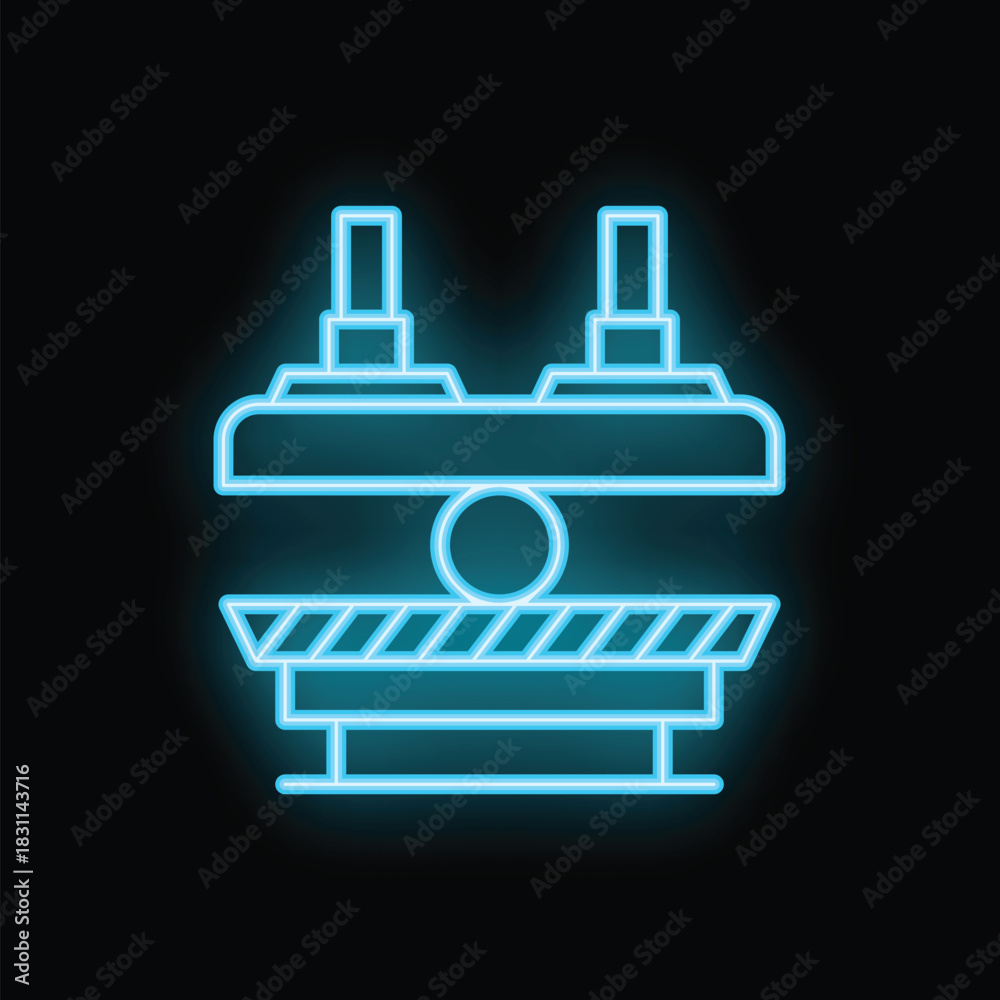 Obraz premium Bright blue neon icon of a hydraulic press glowing on a black background