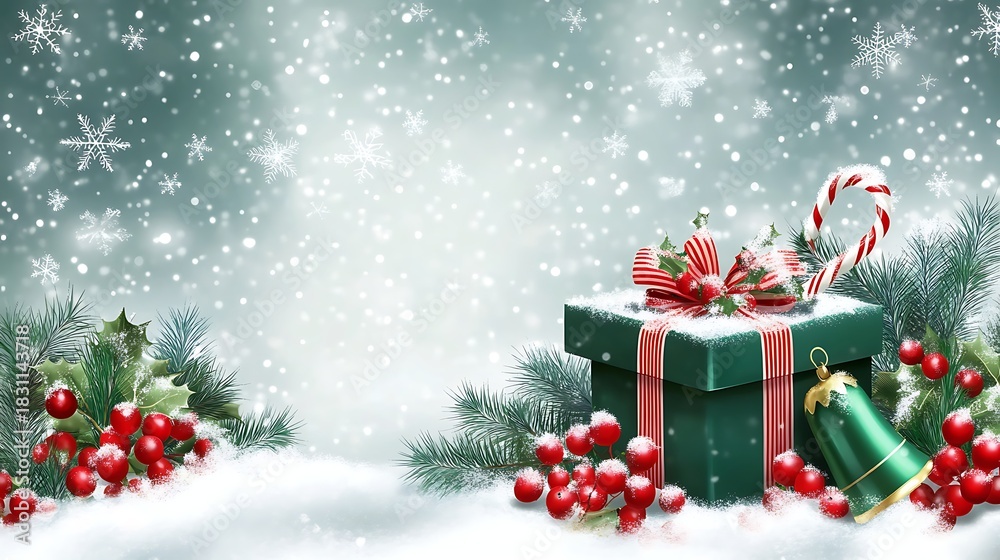 Naklejka premium Festive white background with green gift box bell red berries candy cane and snowflakes