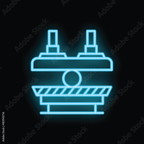 Bright blue neon icon of a hydraulic press glowing on a black background