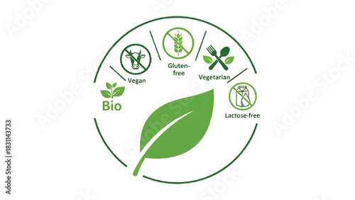 Organic Food Symbols and Leaf Illustration.