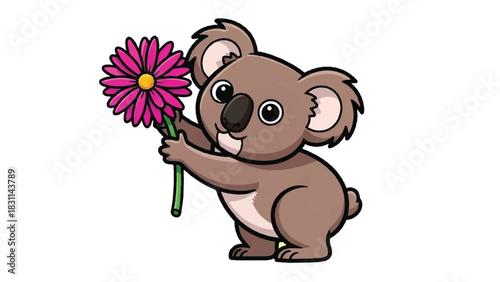 Cute cartoon koala holding a vibrant pink flower with a yellow center.