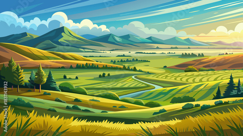 Very beautiful panoramic prairie landscape stretches across wide open grasslands, showcasing rolling hills, soft summer light, and a peaceful natural setting perfect for nature, travel, and scenic out