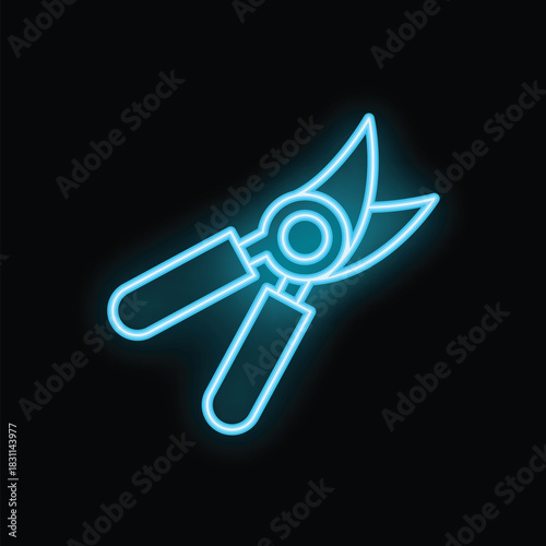 Blue neon sign depicting a pair of garden secateurs, glowing brightly against a dark backdrop