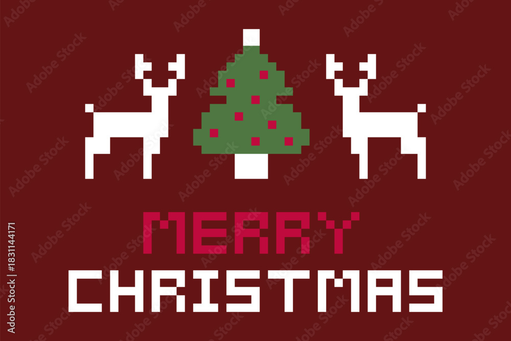 Obraz premium Retro pixel art Merry Christmas scene with white deer and decorated tree on red background