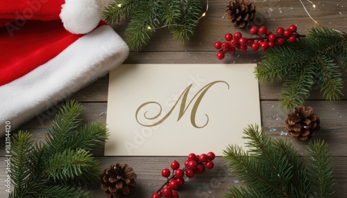 Elegant Holiday Card Surrounded by Festive Decorations Including Pine Branches, Berries, Pinecones, and a Classic Santa Hat