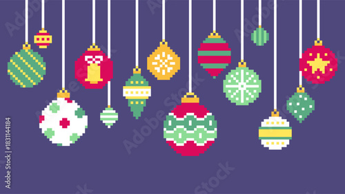 Hanging pixel art Christmas ornaments in mixed colors on deep purple background
