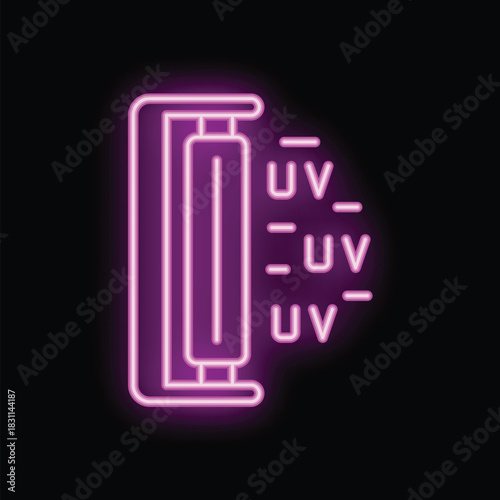 Bright purple neon icon of a uv lamp emitting ultraviolet light, on a black background